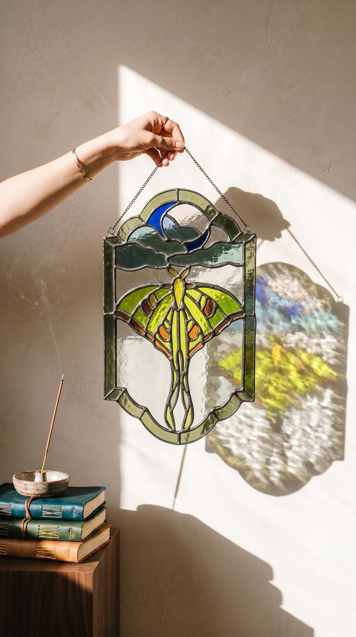 Luna Moth Stained Glass Panel: Celestial Moon Suncatcher, Witchy Window Hanging Art