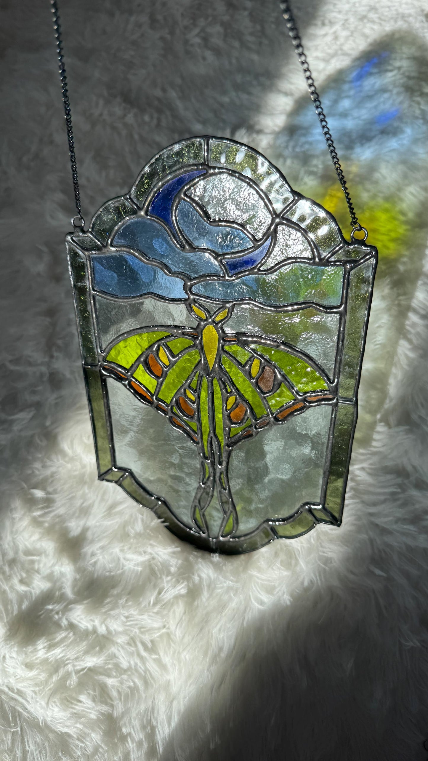 Luna Moth Stained Glass Panel: Celestial Moon Suncatcher, Witchy Window Hanging Art