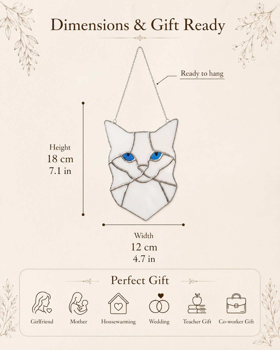 White Stained Glass Cat Suncatcher Blue Eyes Handmade Window Hanging, Gift for Cat Lovers