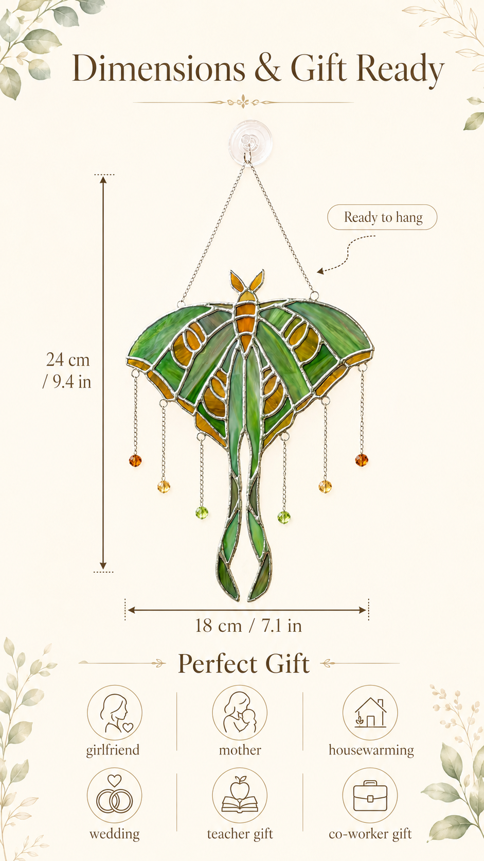 Luna Moth Stained Glass Suncatcher: Green Insect Window Hanging, Witchy Boho Wall Art Decor