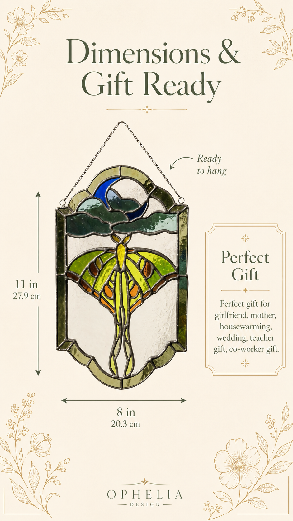 Luna Moth Stained Glass Panel: Celestial Moon Suncatcher, Witchy Window Hanging Art
