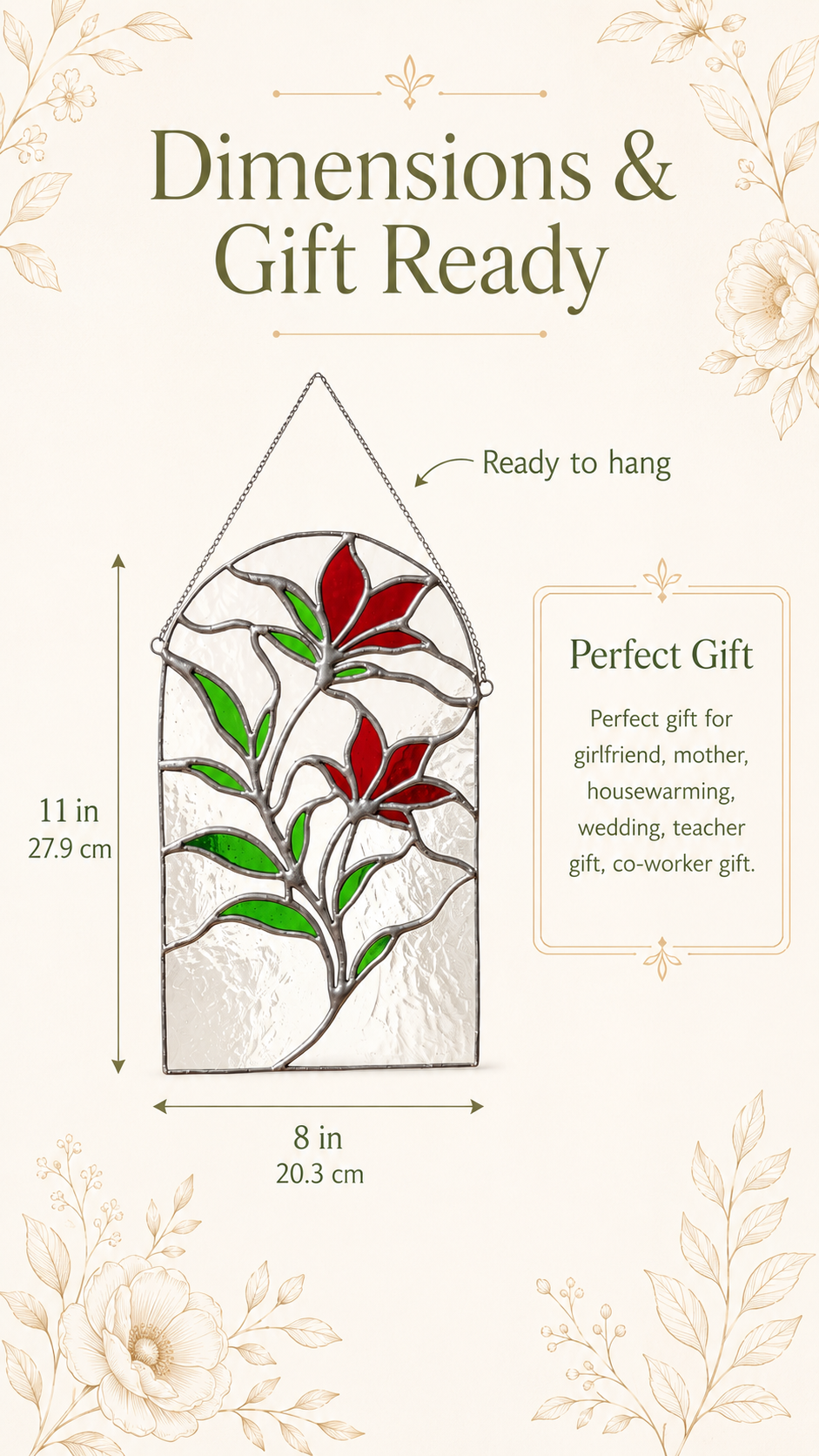 Stained Glass Floral Wall Hanging, Arched Red Flower Panel, Botanical Suncatcher Home Decor