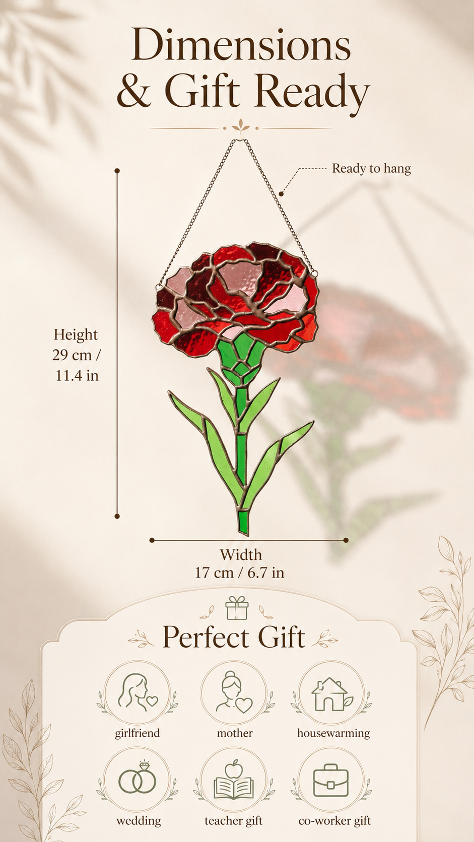 Carnation Stained Glass Flower: Handmade Red Floral, Home Decor