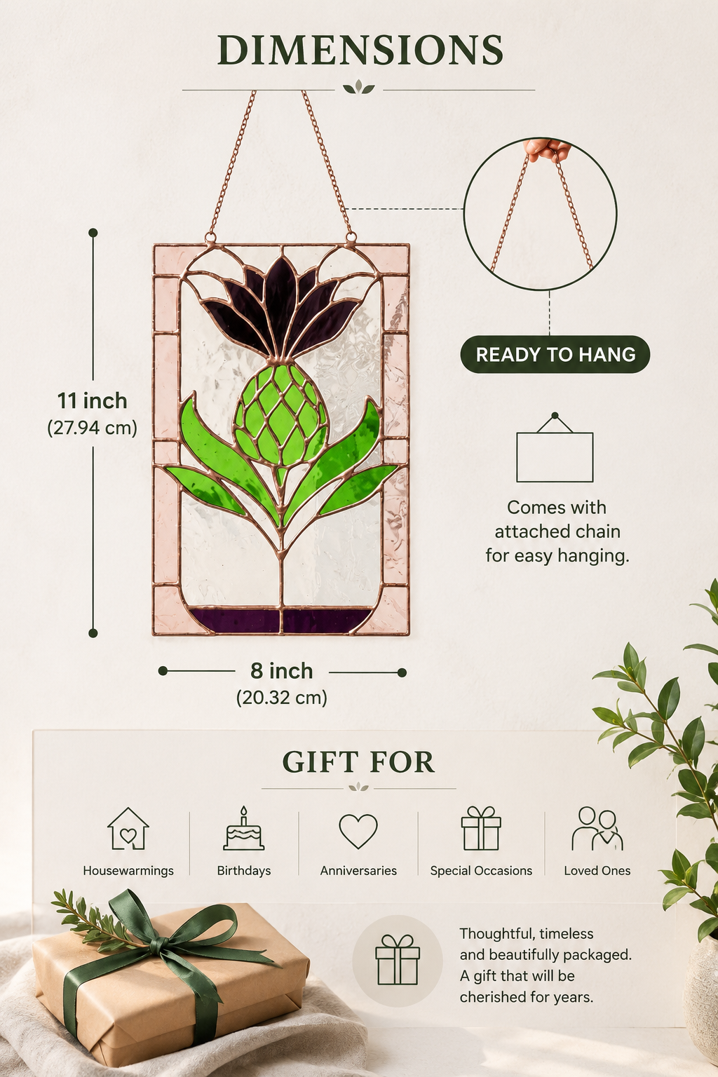 Thistle Panel: Handmade Stained Glass Scottish Botanical Window Hanging, Anniversary Gift