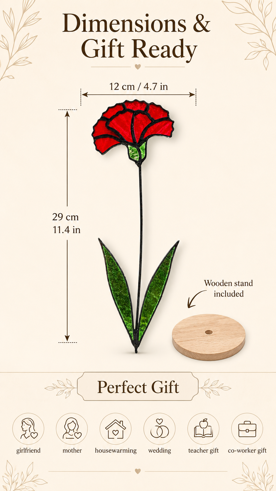 Carnation Stained Glass Flower: Handmade Red Floral, Home Decor
