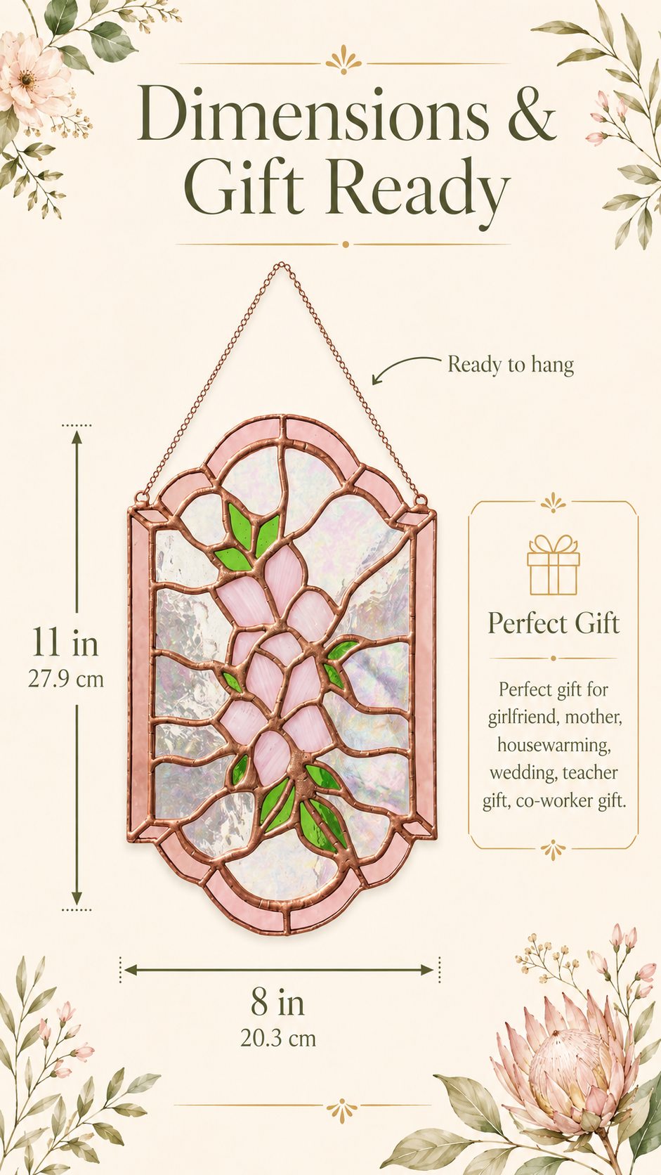 Floral Panel Handmade Stained Glass, Pink Flowers, Iridescent Arch Suncatcher, Botanical Glass Art