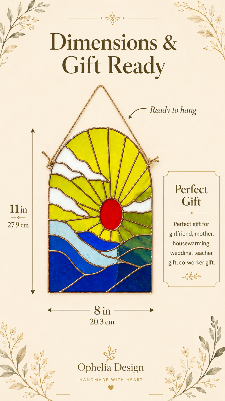 Sunset Stained Glass Panel: Ocean Landscape Suncatcher, Arch Mountain Sea Window Hanging Art
