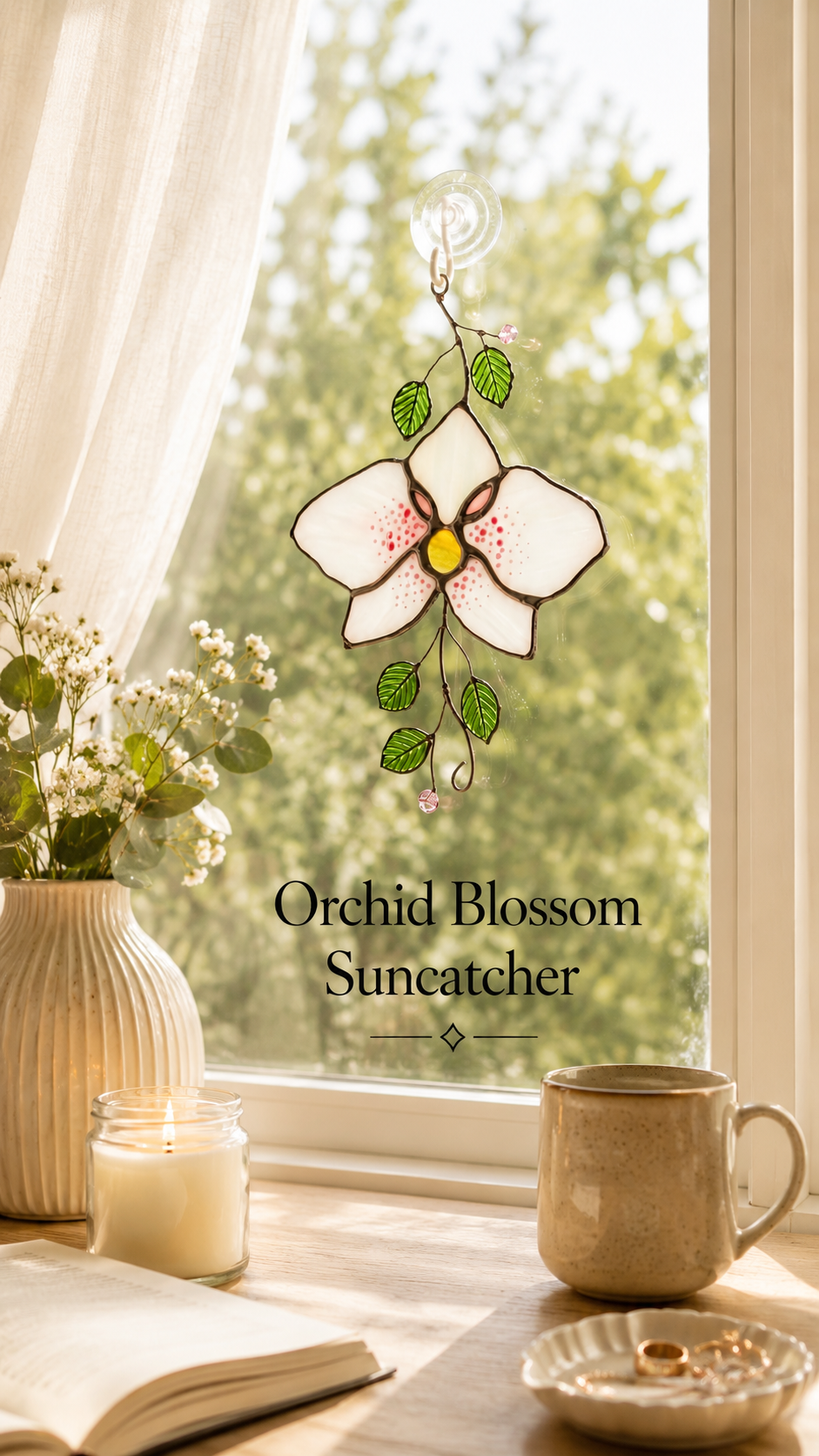 Orchid Stained Glass Suncatcher: Pink Flower Botanical Window Hanging, Exotic Floral Wall Decor