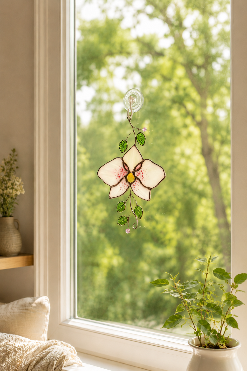 Orchid Stained Glass Suncatcher: Pink Flower Botanical Window Hanging, Exotic Floral Wall Decor