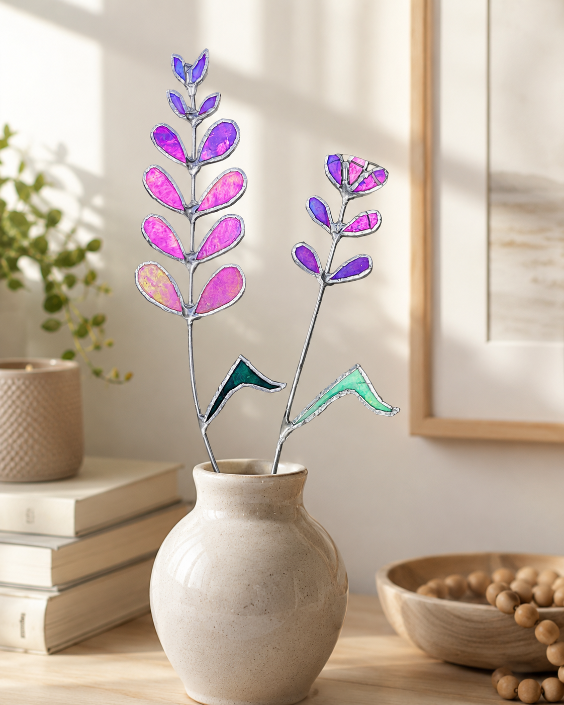 Flower Decor Handmade Stained Glass : Purple & Pink Iridescent Floral Plant Stake