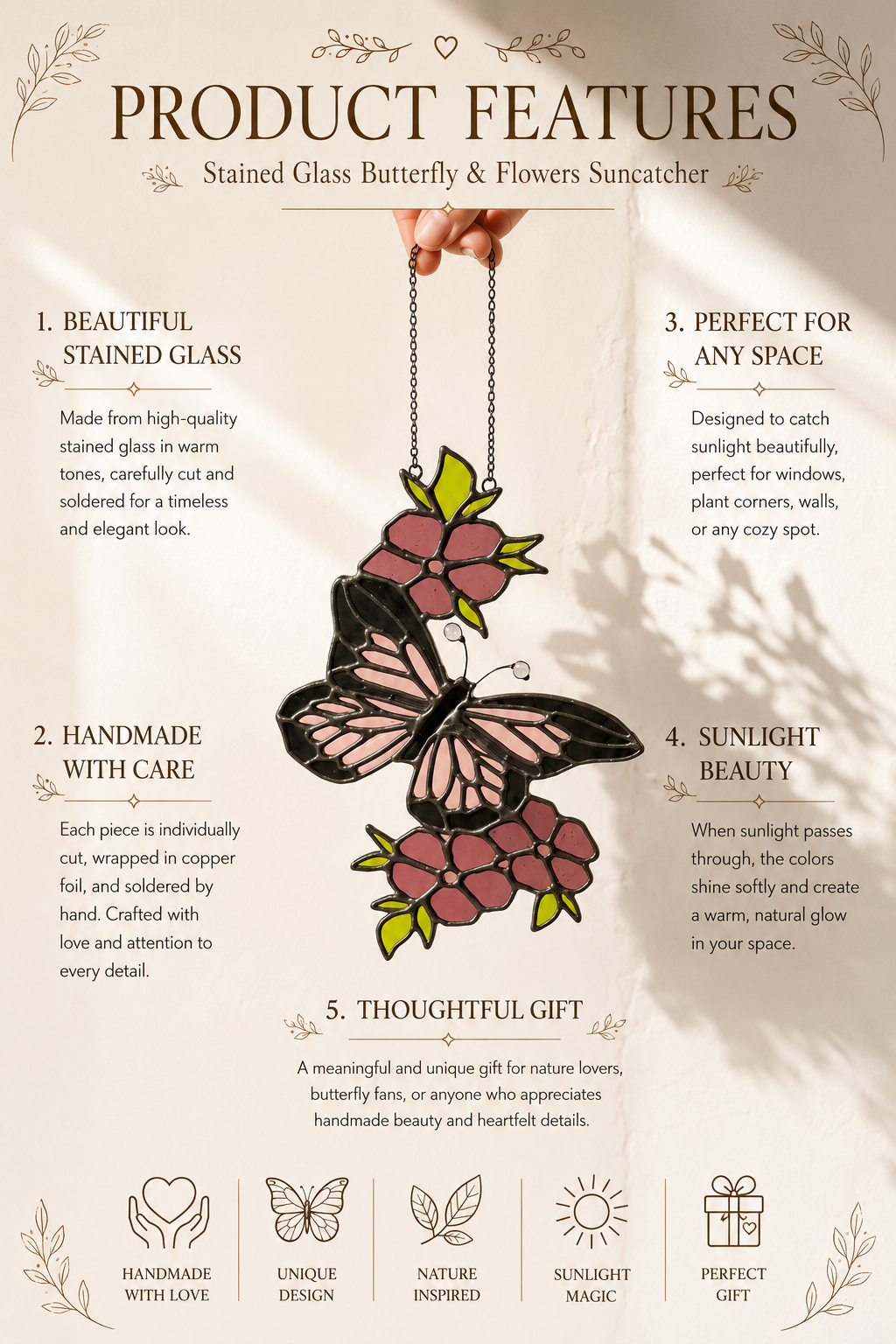 Butterfly Suncatcher Handmade Stained Glass, Pink Wings, Floral Art, Window Hanging Home Decor