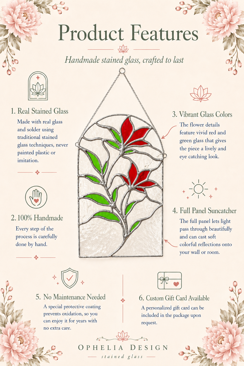 Stained Glass Floral Wall Hanging, Arched Red Flower Panel, Botanical Suncatcher Home Decor