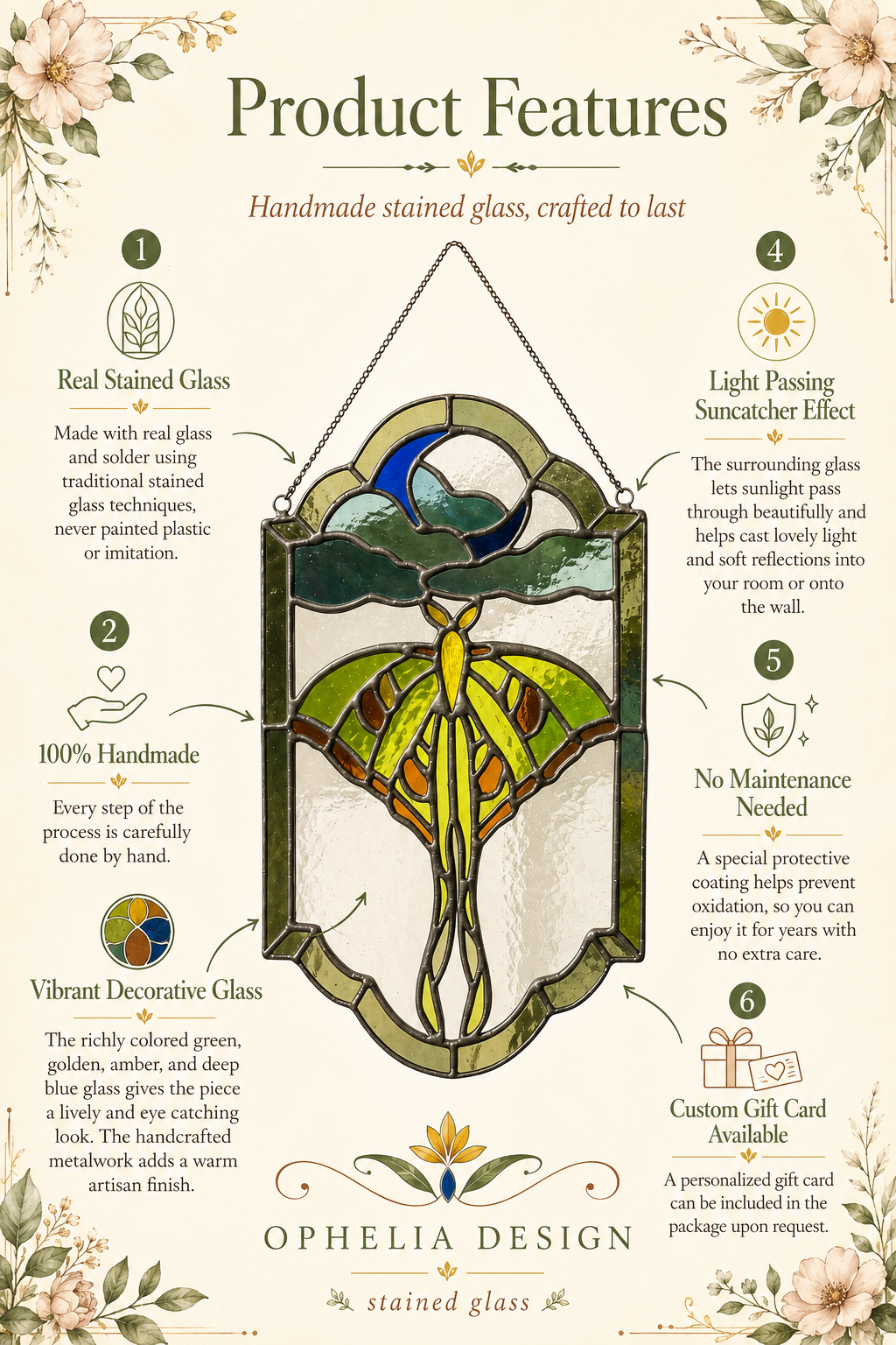 Luna Moth Stained Glass Panel: Celestial Moon Suncatcher, Witchy Window Hanging Art