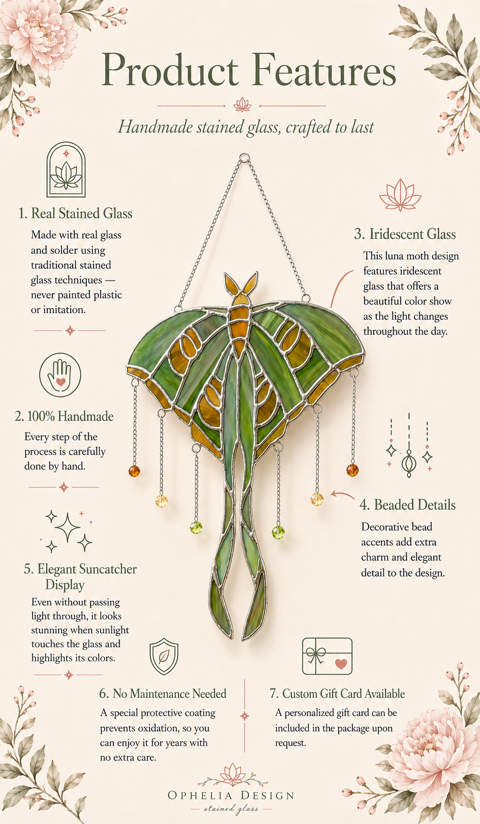Luna Moth Stained Glass Suncatcher: Green Insect Window Hanging, Witchy Boho Wall Art Decor