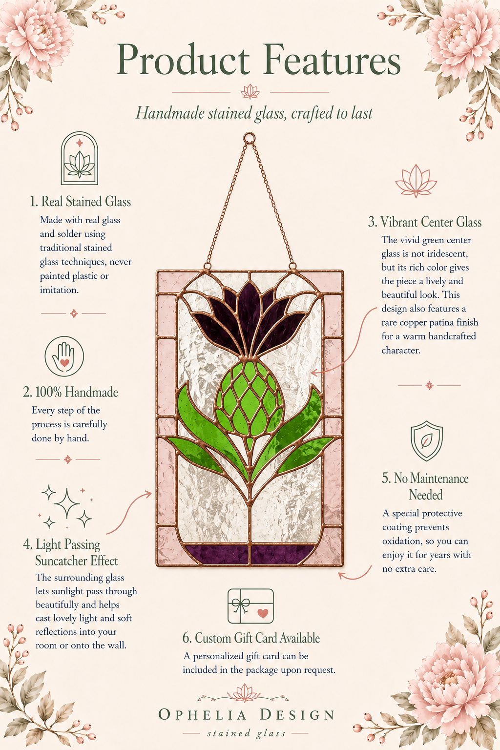 Thistle Panel: Handmade Stained Glass Scottish Botanical Window Hanging, Anniversary Gift