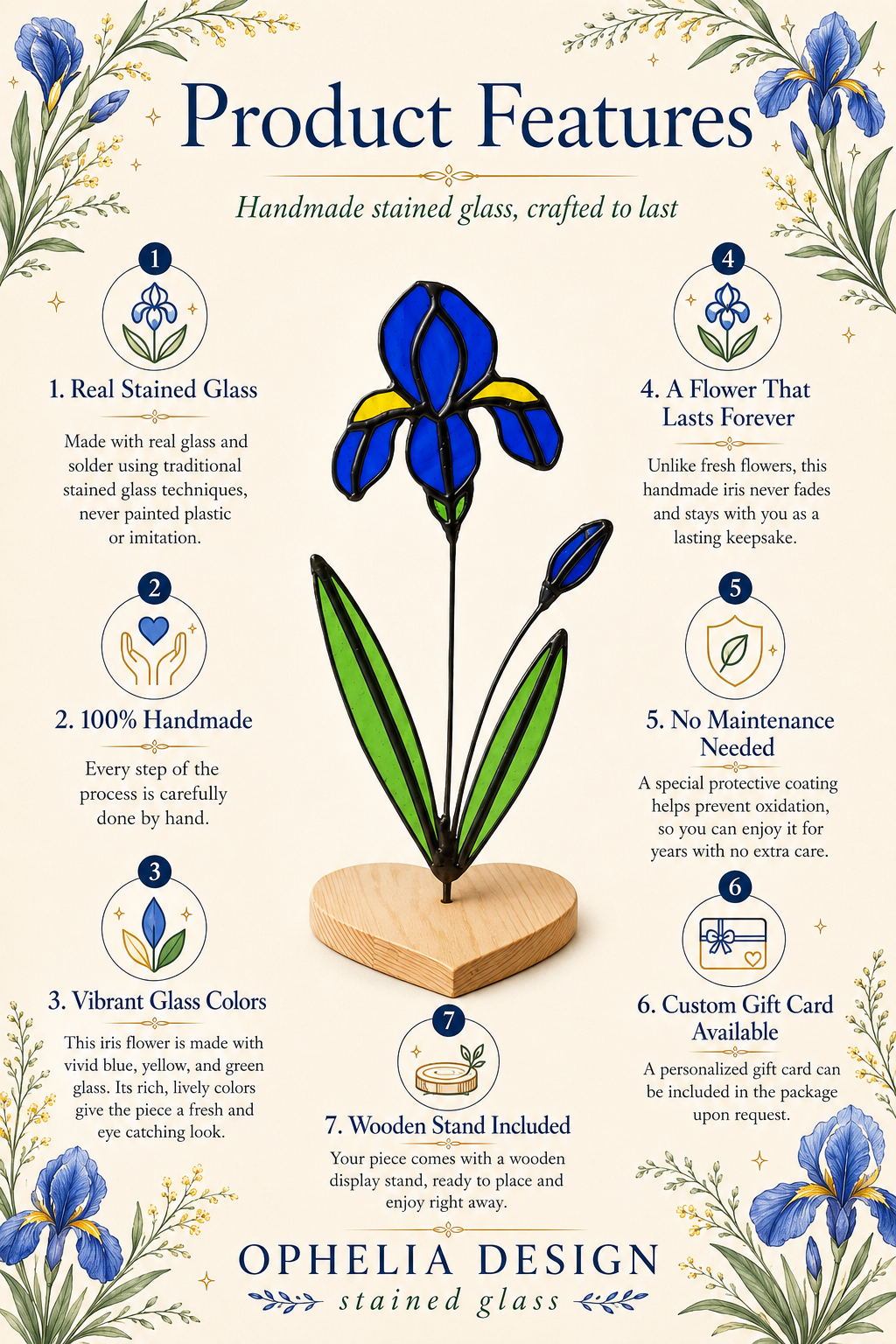 Iris Stained Glass Flower: Handmade Blue Floral, Home Decor