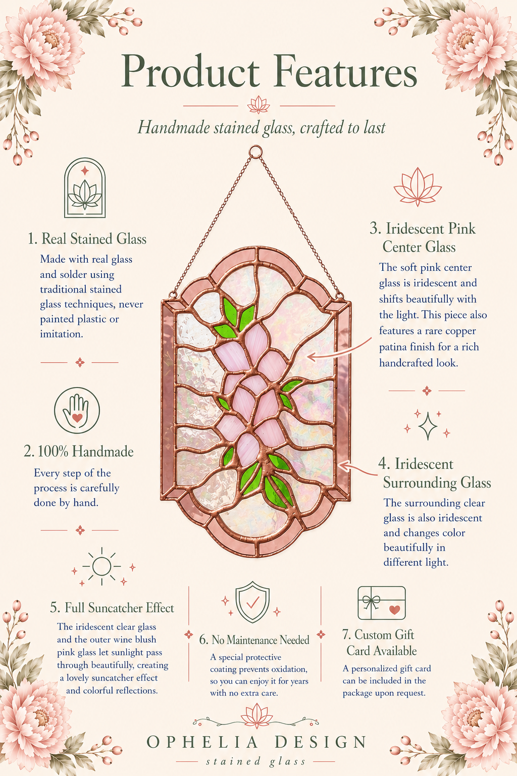 Floral Panel Handmade Stained Glass, Pink Flowers, Iridescent Arch Suncatcher, Botanical Glass Art