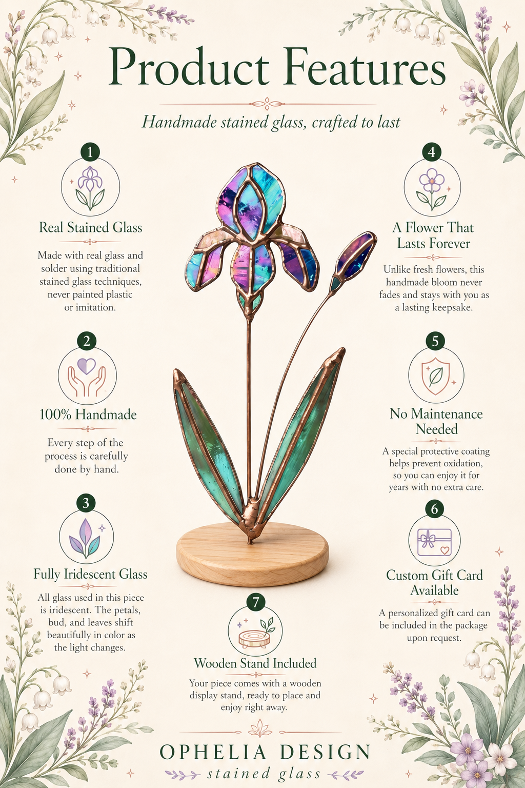 Iridecent  Iris Stained Glass Flower: Handmade Floral Decor, Home Decor