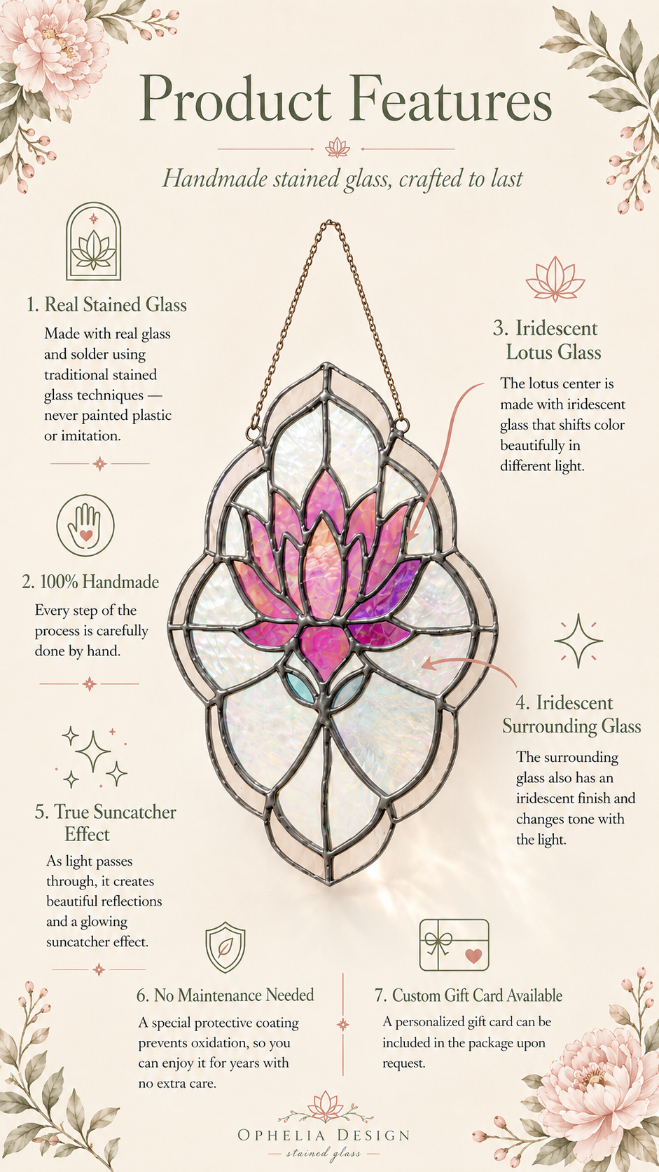 Stained Glass Lotus Panel Pink and Purple Iridescent Flower Suncatcher, Handmade Window Hanging