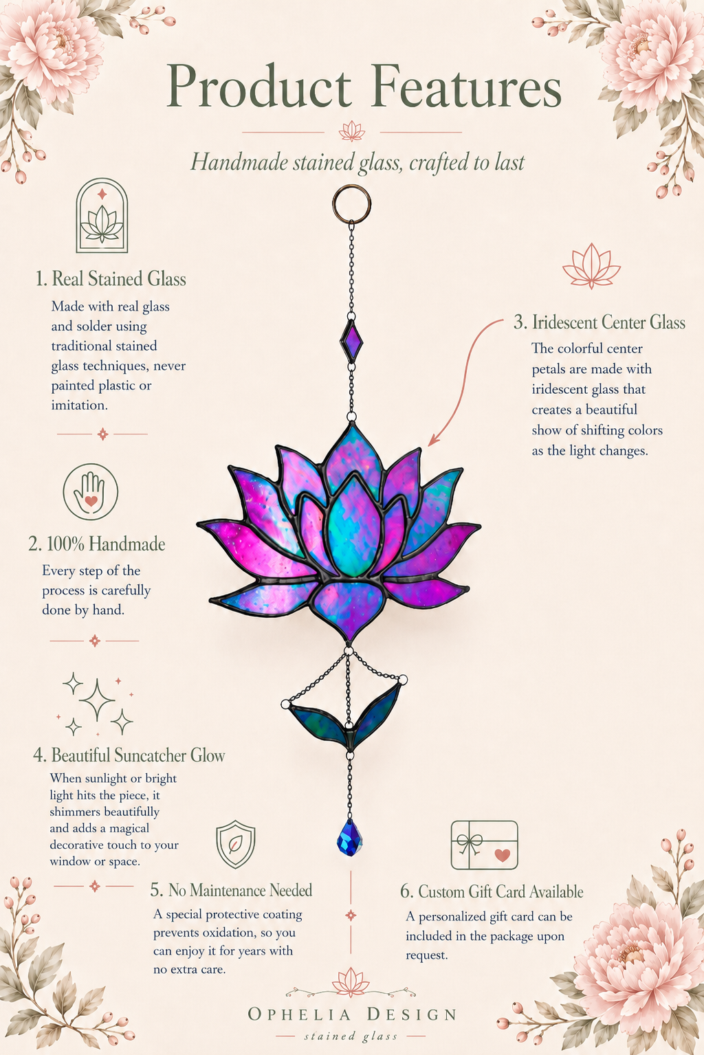 Stained Glass Lotus Suncatcher Pink and Purple Iridescent Flower, Handmade Window Hanging