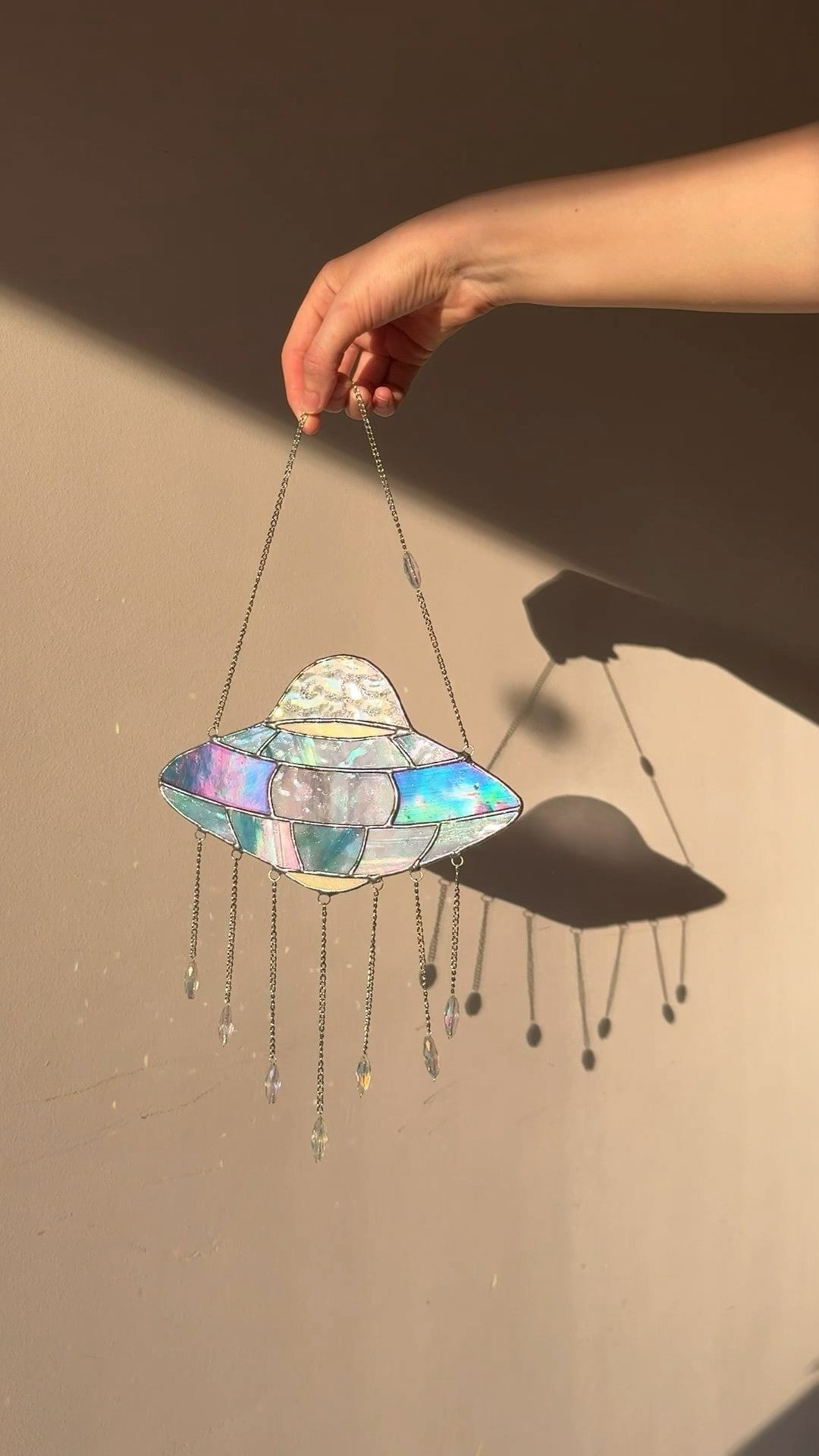 UFO Stained Glass Suncatcher: Alien Spaceship Window Hanging, Crystals Science Fiction Decor