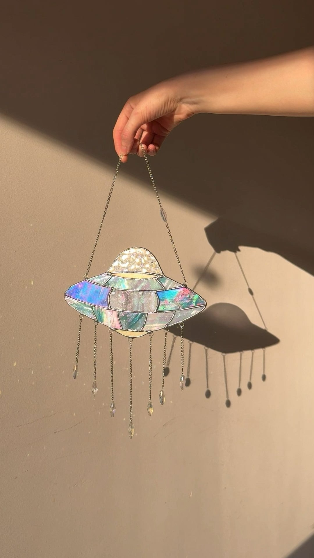 UFO Stained Glass Suncatcher: Alien Spaceship Window Hanging, Crystals Science Fiction Decor