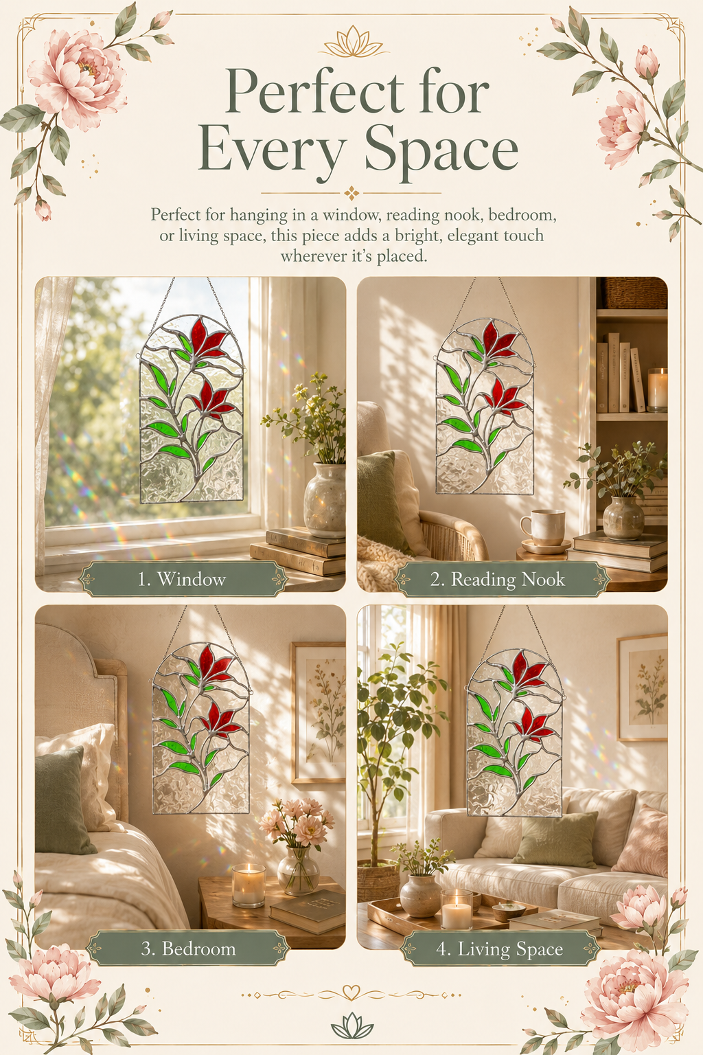 Stained Glass Floral Wall Hanging, Arched Red Flower Panel, Botanical Suncatcher Home Decor