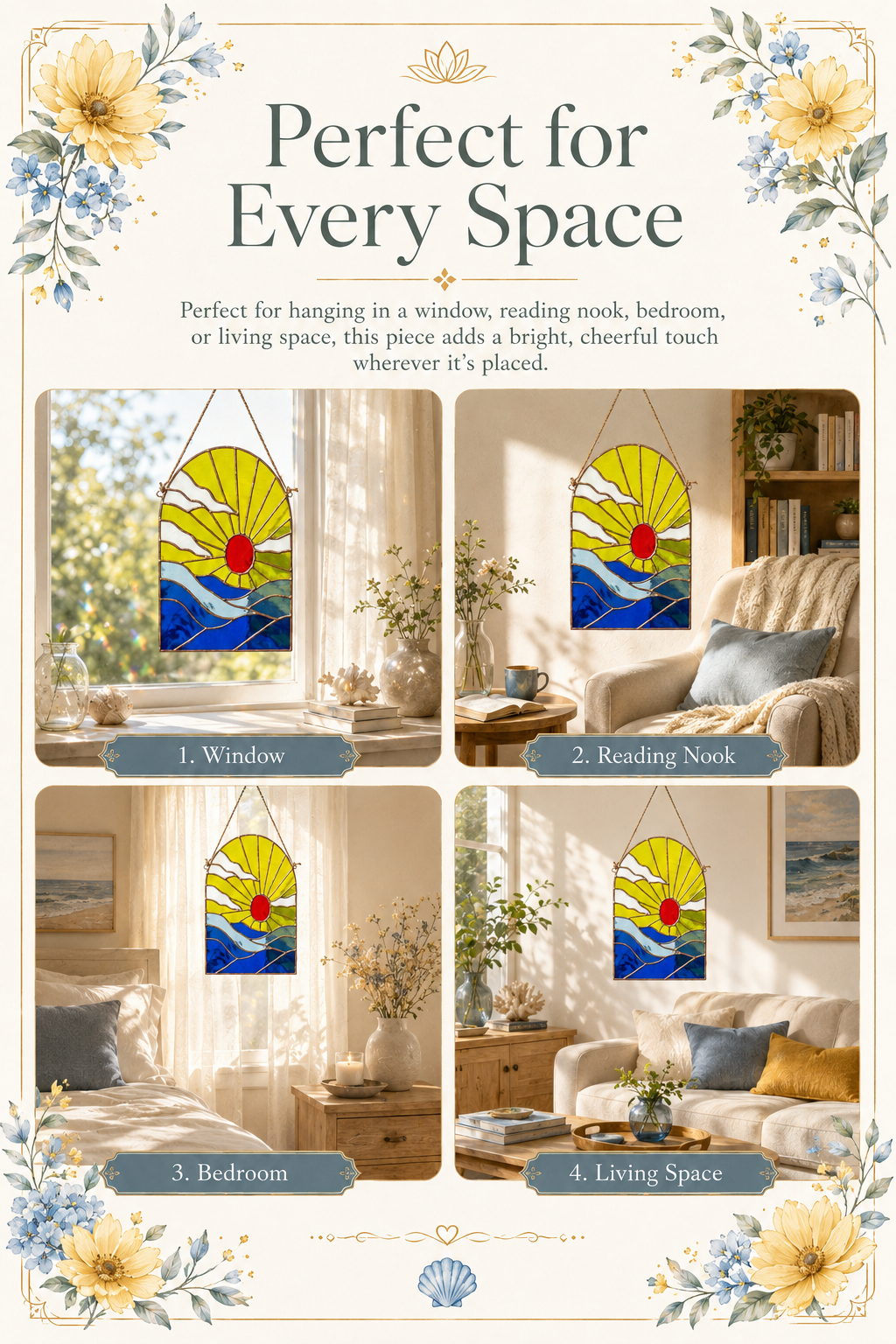 Sunset Stained Glass Panel: Ocean Landscape Suncatcher, Arch Mountain Sea Window Hanging Art