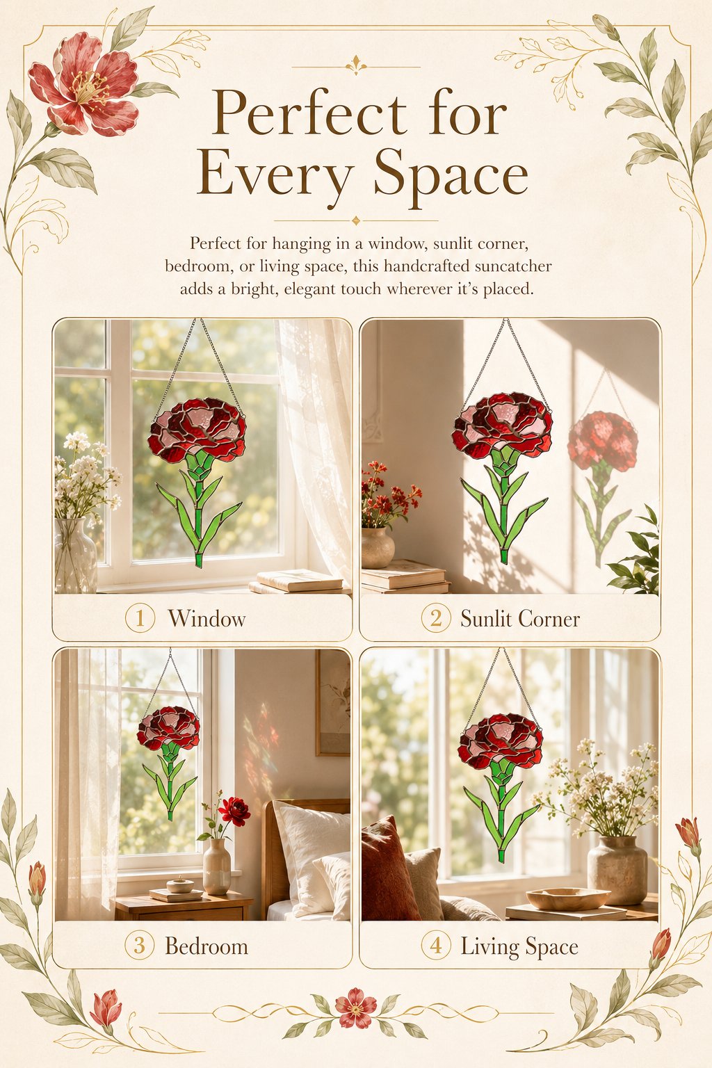 Carnation Stained Glass Flower: Handmade Red Floral, Home Decor