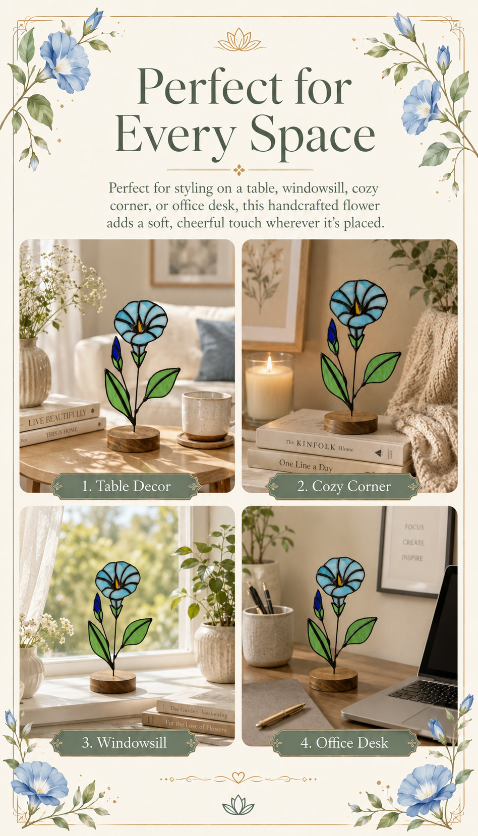 Morning Glory Stained Glass Flower Stake: Handmade Floral Decor, Gift for Nature Lovers