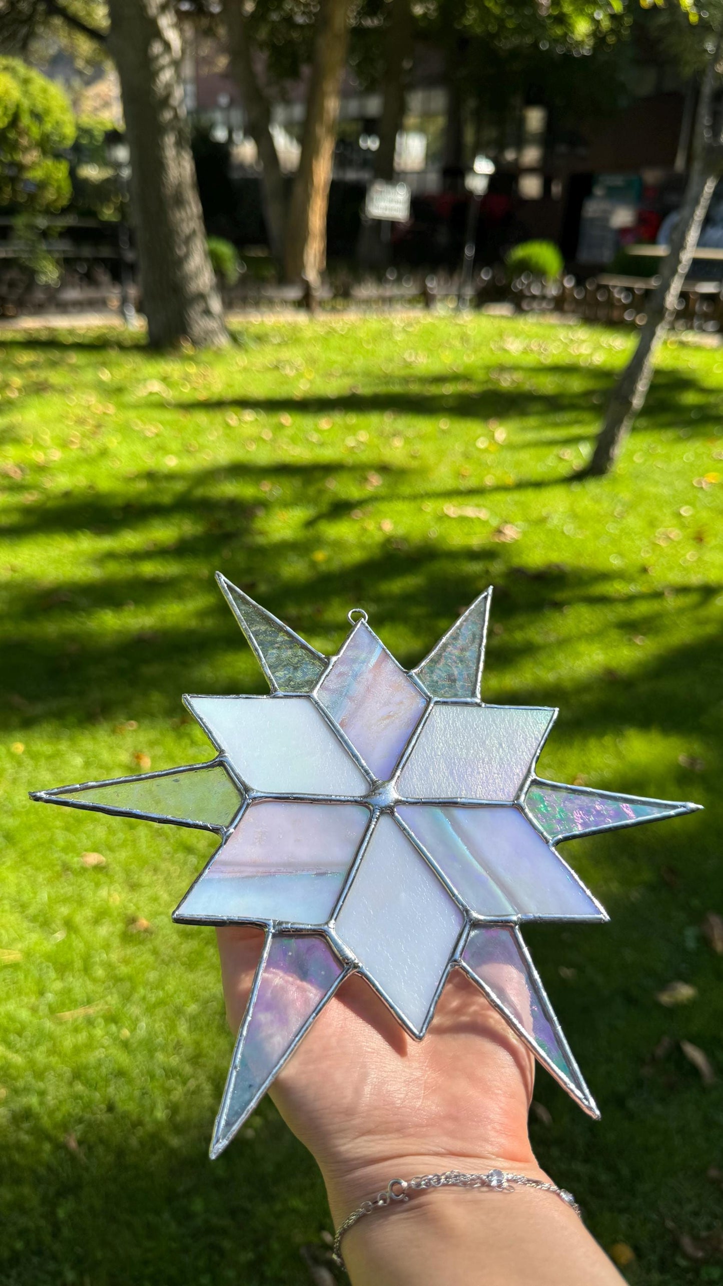 Stained Glass Sirius Star Suncatcher Handmade White and Ice Iridescent Glass Home Window Decor