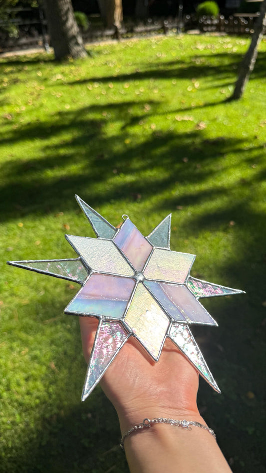 Stained Glass Sirius Star Suncatcher Handmade White and Ice Iridescent Glass Home Window Decor