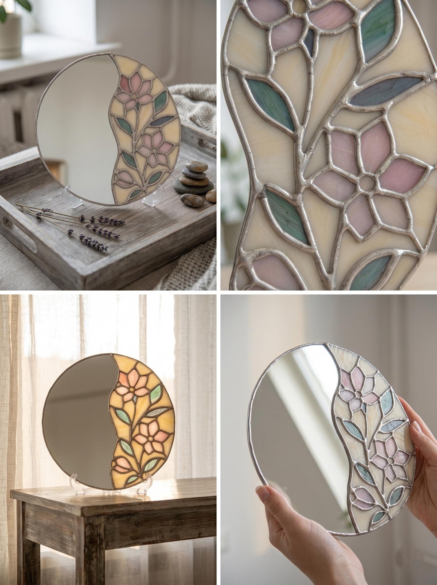 Stained Glass Tabletop Vanity Mirror Handcrafted Iridescent Flower Suncatcher Desktop Makeup Art Gift