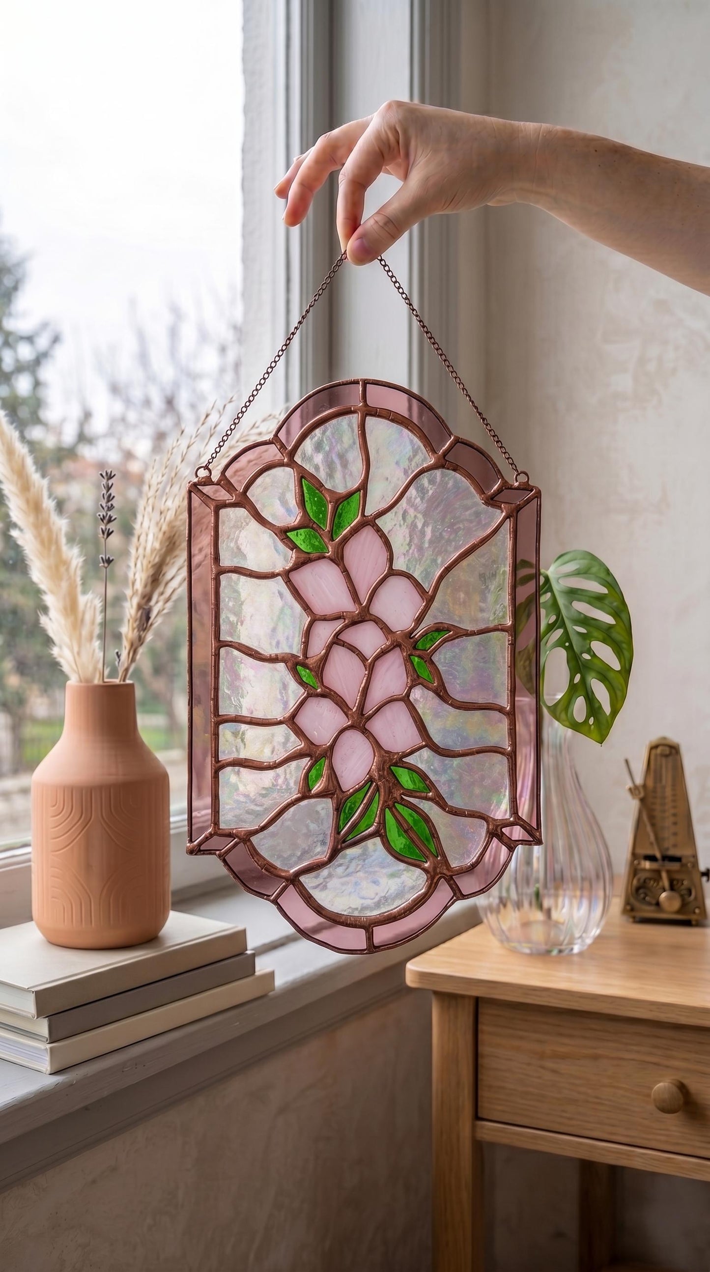 Handmade Stained Glass Floral Panel, Pink Flowers, Iridescent Arch Suncatcher, Botanical Glass Art