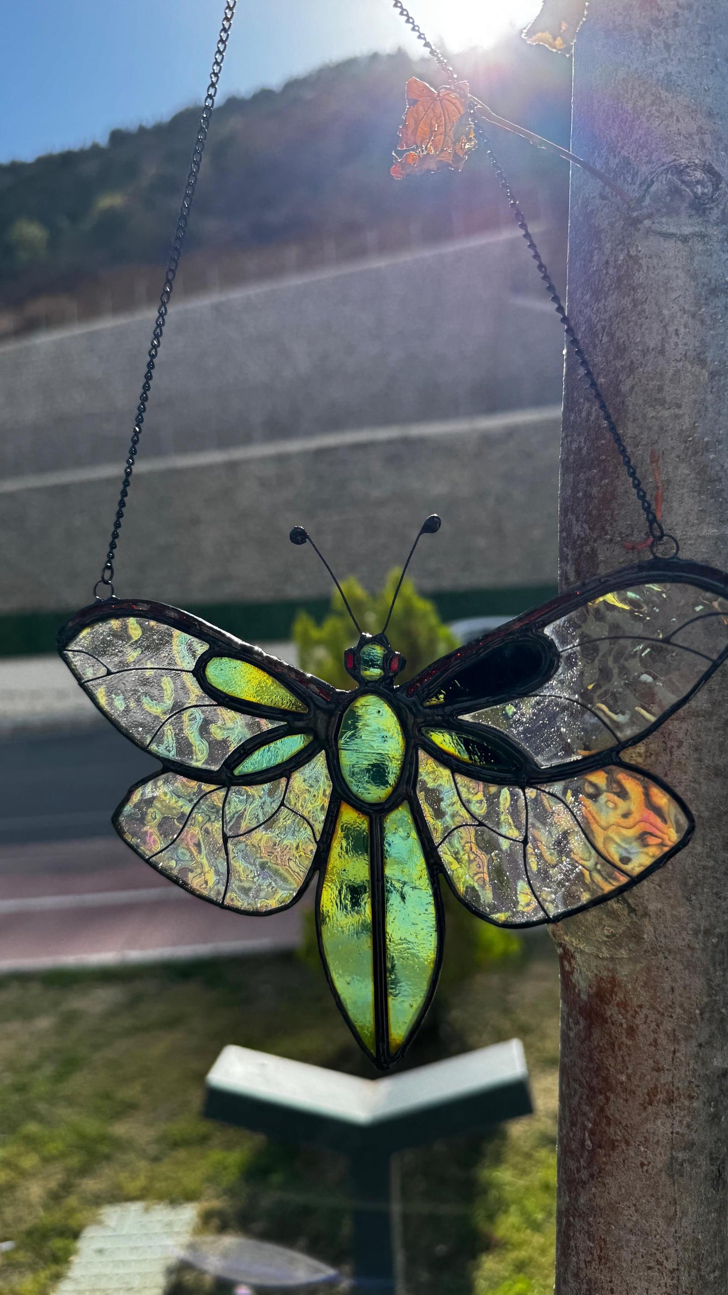 Stained Glass Fly Suncatcher Patern: Green Insect Window Decor
