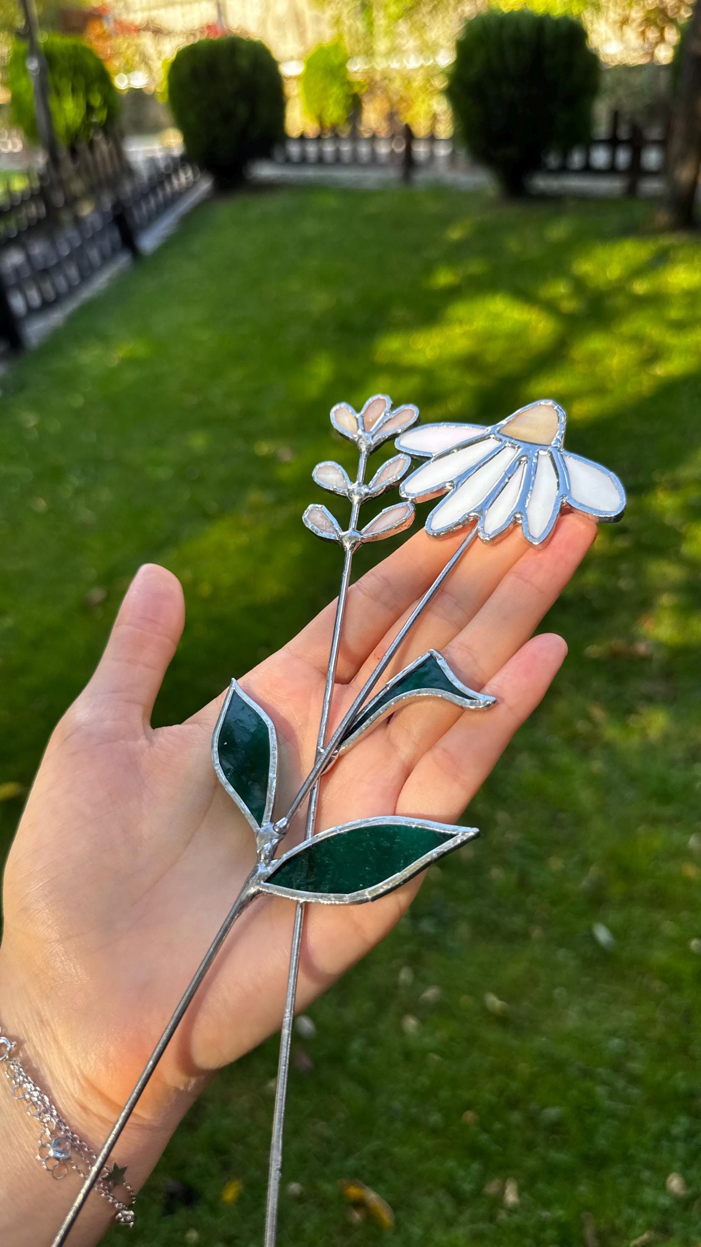 Handmade Stained Glass Flower Decor: Purple & Pink Iridescent Floral Plant Stake