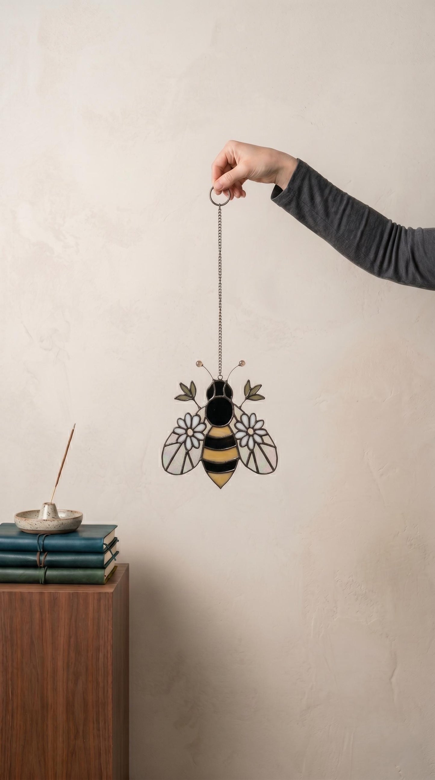 Stained Glass Bumblebee Suncatcher with Flowers: Iridescent Bee Window Hanging, Nature Art