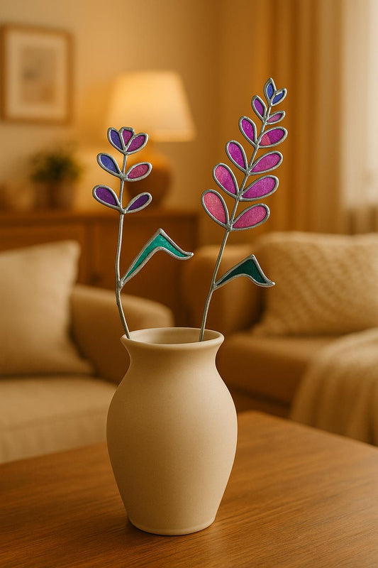 Handmade Stained Glass Flower Decor: Purple & Pink Iridescent Floral Plant Stake