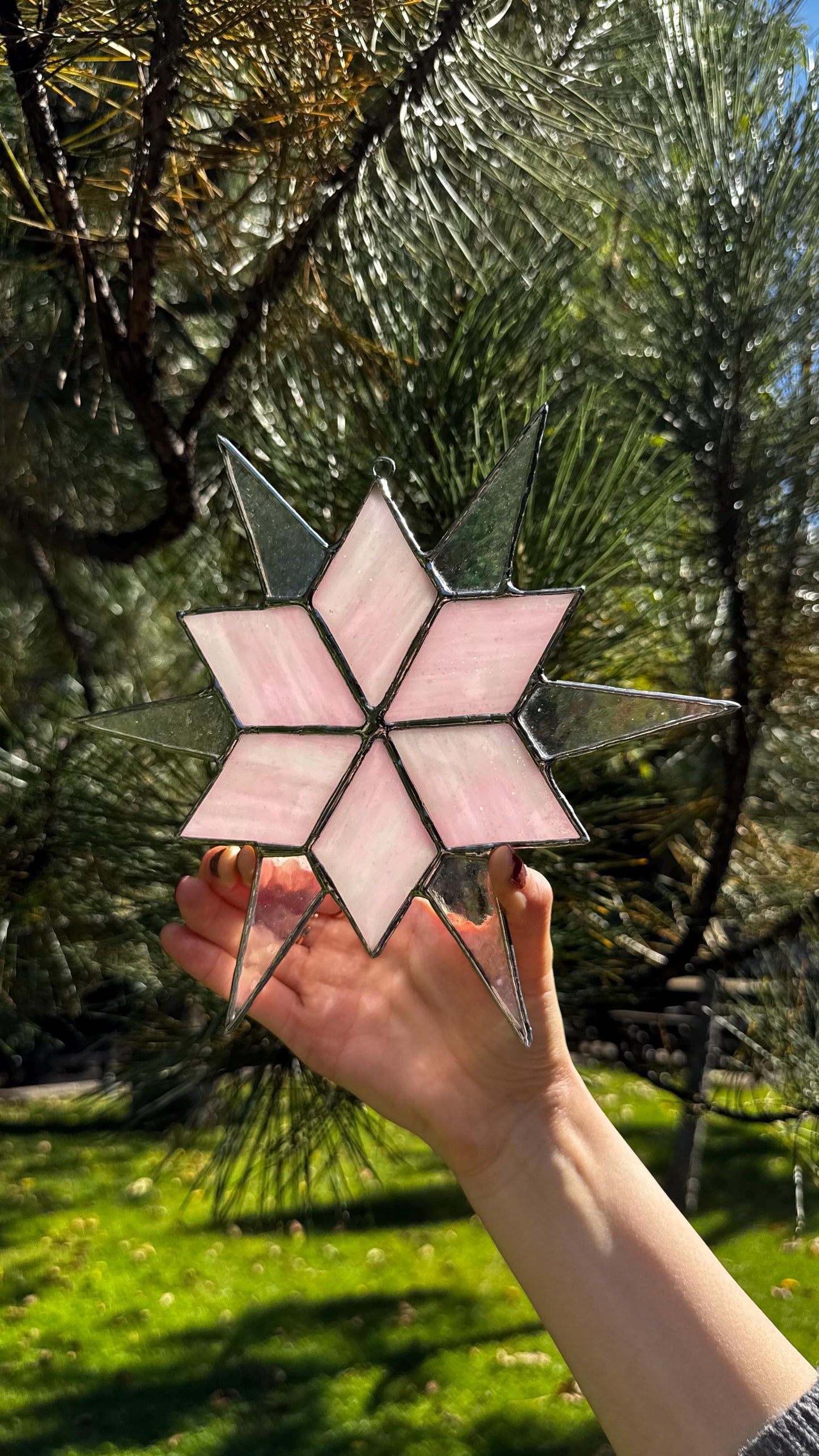 Stained Glass Star Suncatcher, Pink Iridescent Glass Ornament, Home Window Decor