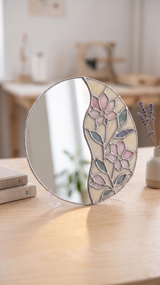 Stained Glass Tabletop Vanity Mirror Handcrafted Iridescent Flower Suncatcher Desktop Makeup Art Gift