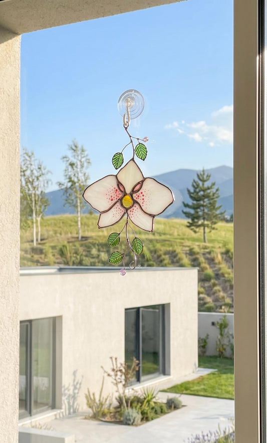 Orchid Stained Glass Suncatcher: Pink Flower Botanical Window Hanging, Exotic Floral Wall Decor