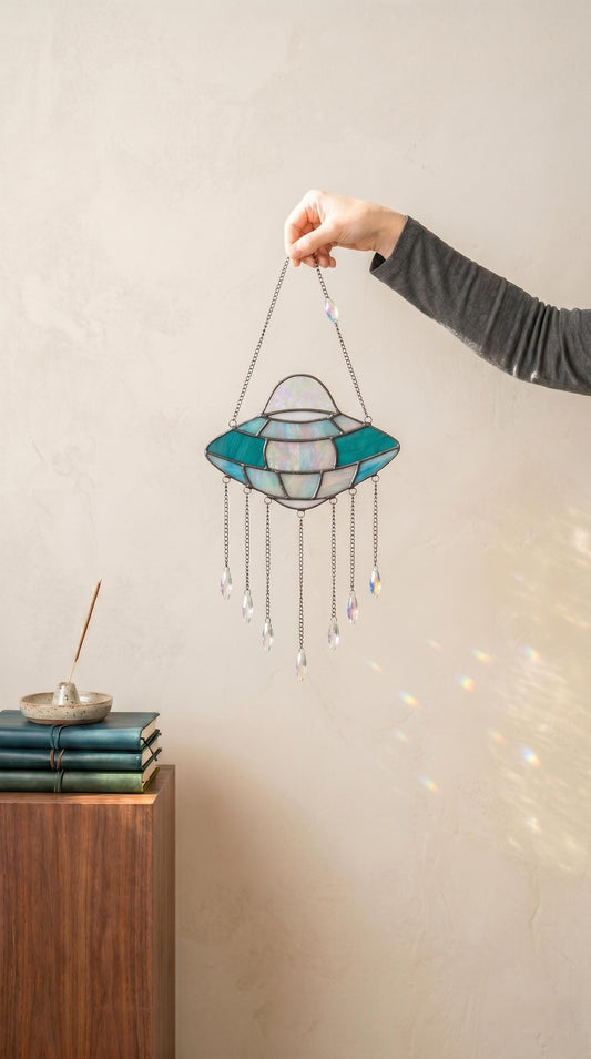 UFO Stained Glass Suncatcher: Alien Spaceship Window Hanging, Crystals Science Fiction Decor