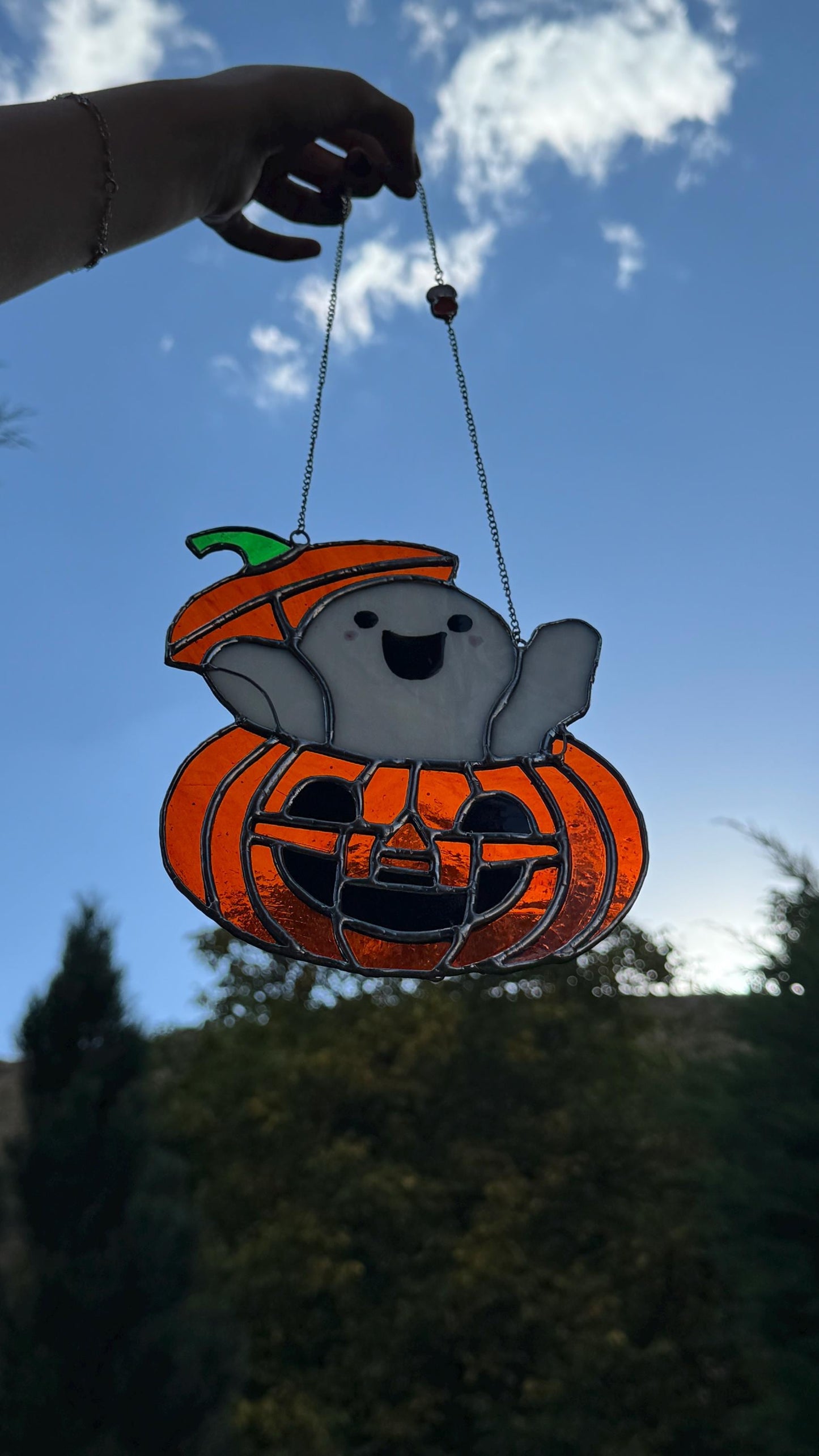 Stained Glass Jack-o'-lantern with Ghost, Halloween Decor