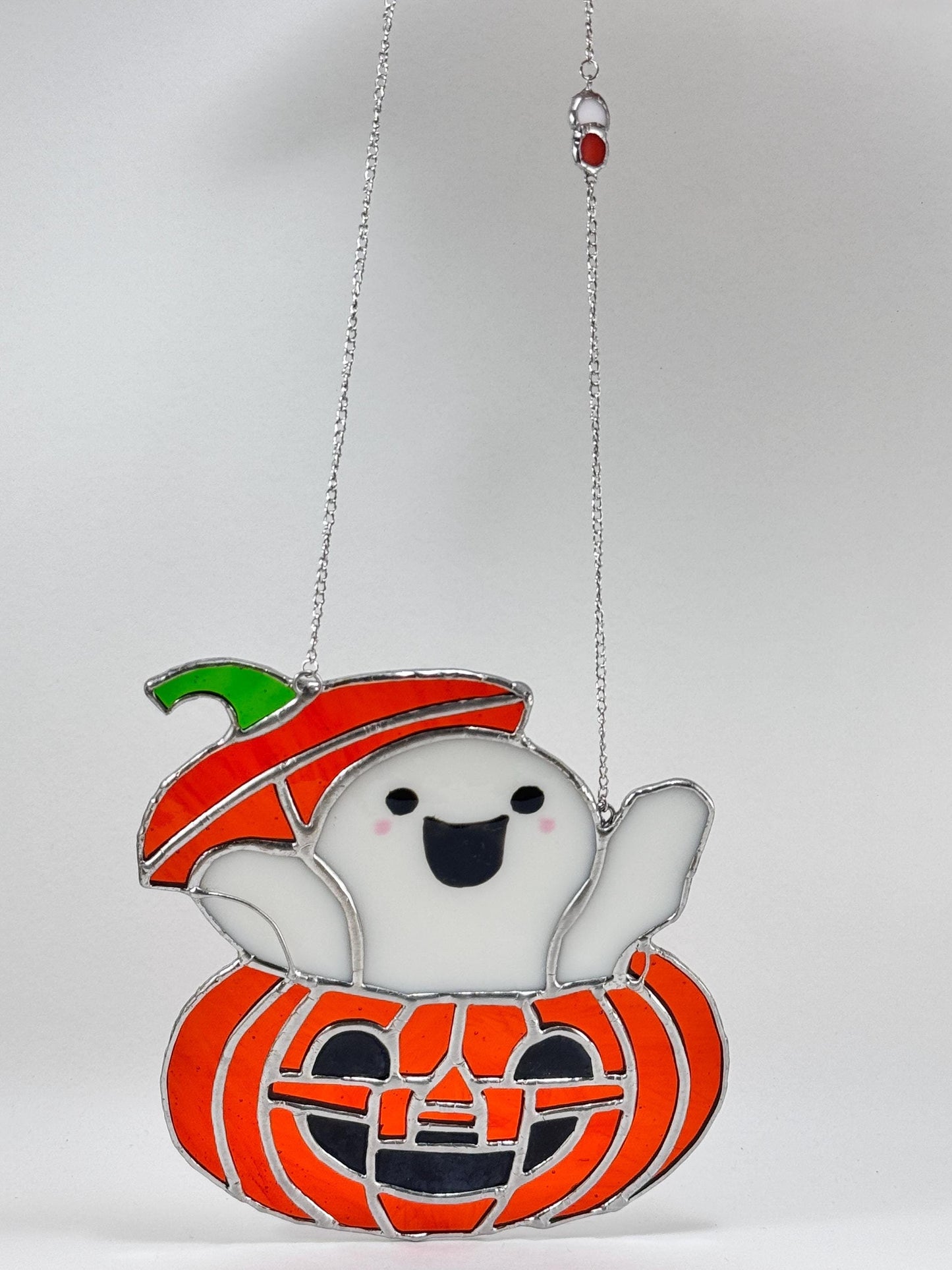 Stained Glass Jack-o'-lantern with Ghost, Halloween Decor