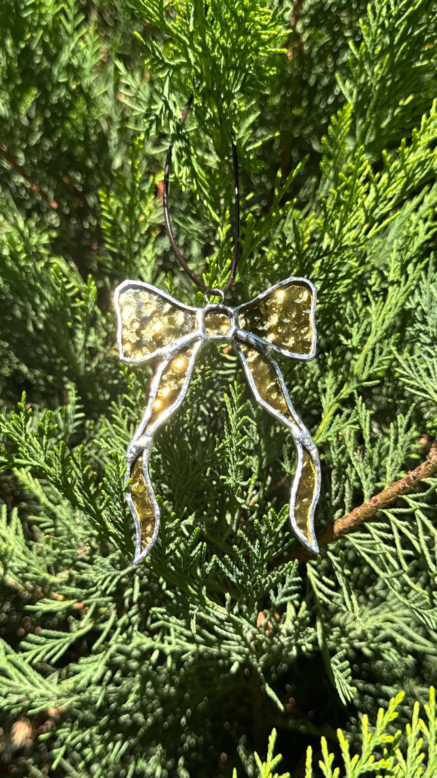 Golden Stained Glass Bow Ornament: Handmade Mirrored Ribbon Suncatcher