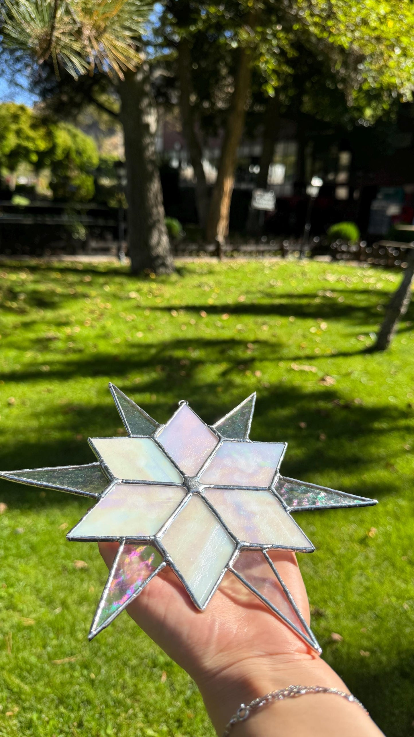 Stained Glass Sirius Star Suncatcher Handmade White Iridescent Glass, Home Window Decor Gift