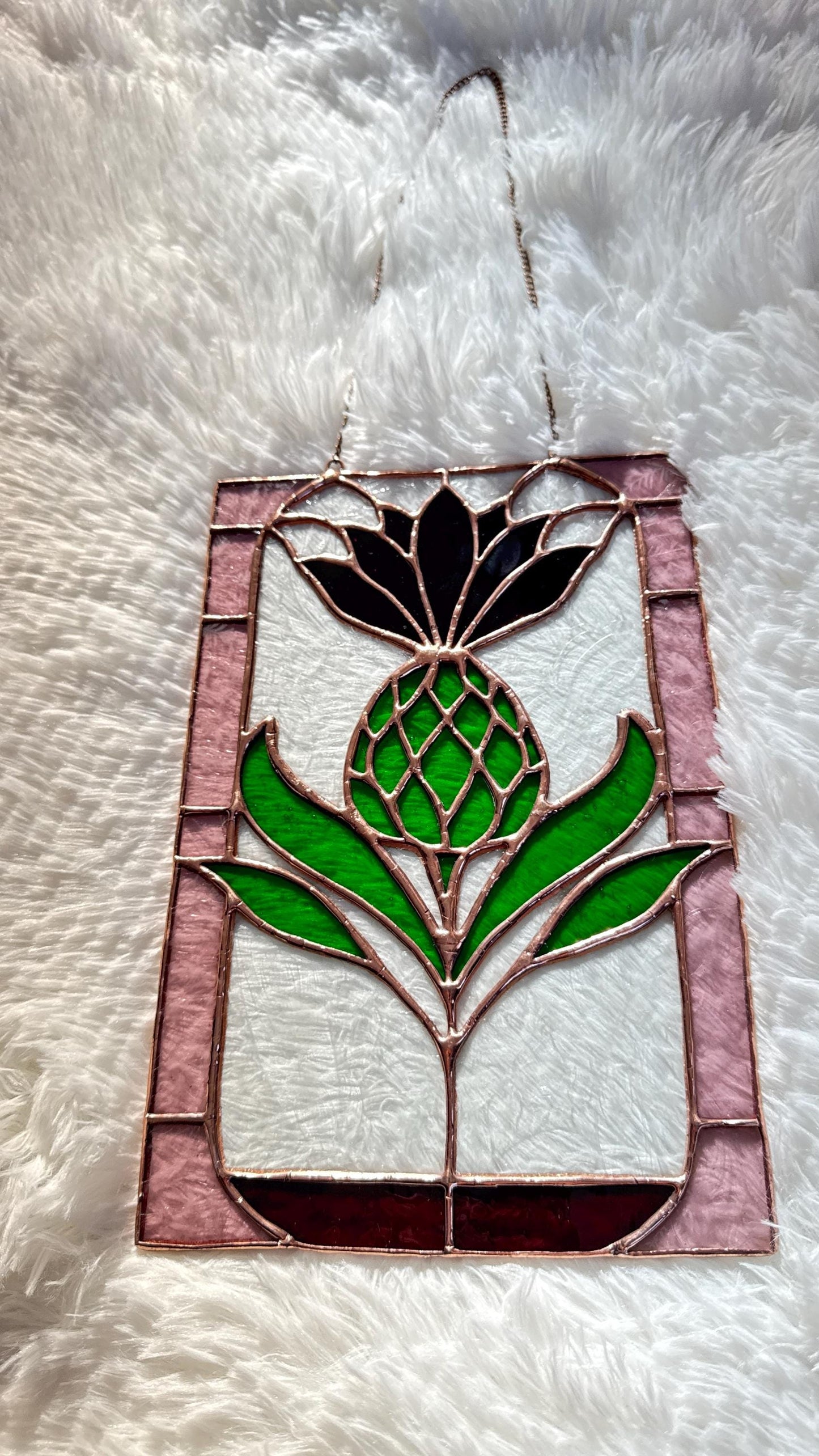 Thistle Panel: Handmade Stained Glass Scottish Botanical Window Hanging, Anniversary Gift