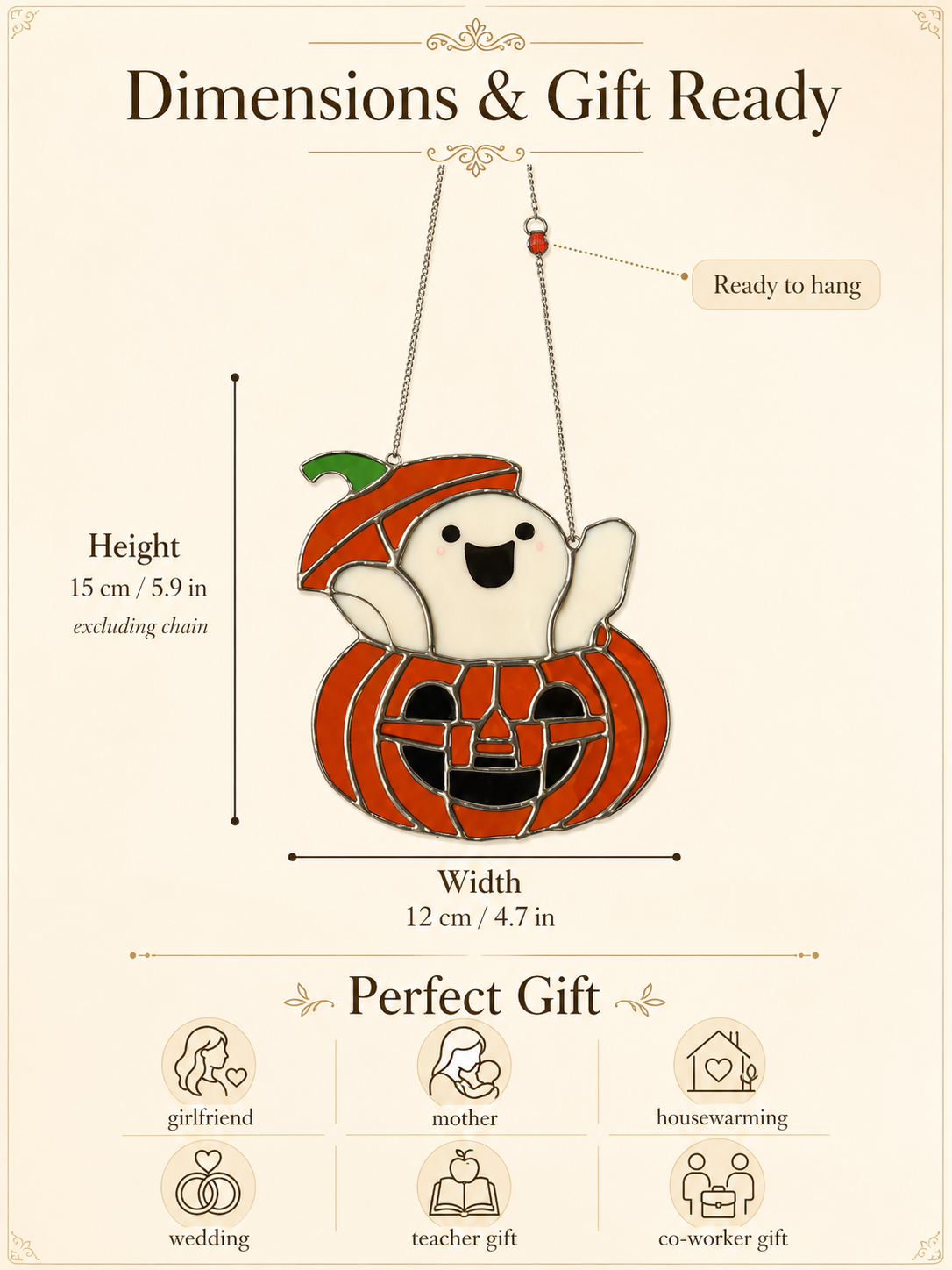 Stained Glass Jack-o'-lantern with Ghost, Halloween Decor