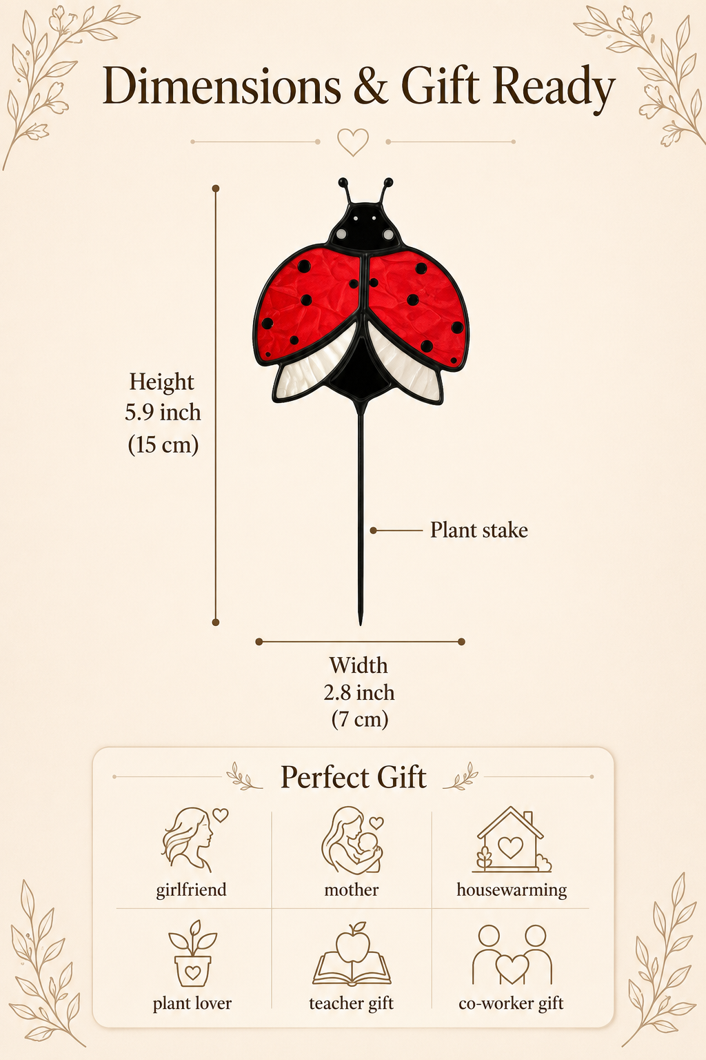 Ladybug Plant Stake Handmade Stained Glass  – Handmade Garden Decor & Plant Buddy