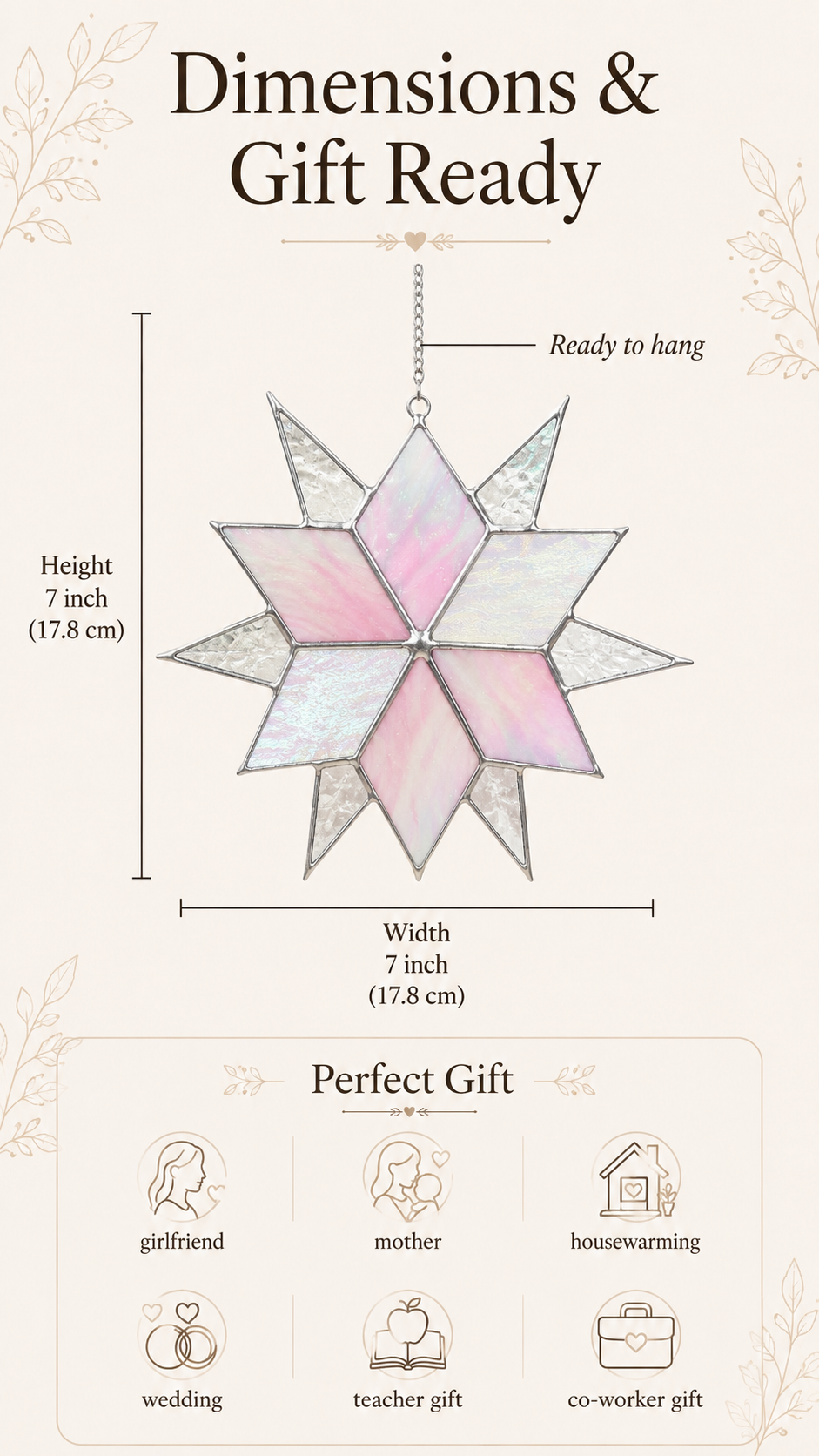 Stained Glass Sirius Star Suncatcher Handmade Pink and White Iridescent Glass Home Window Decor
